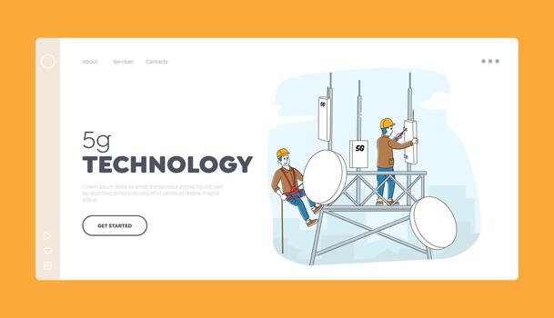 5G Internet Landing Page Template. Workers Character in Uniform Installing Equipment for Transmission Telecommunication Tower. High-speed Communication Technologies. Linear People Illustration vector