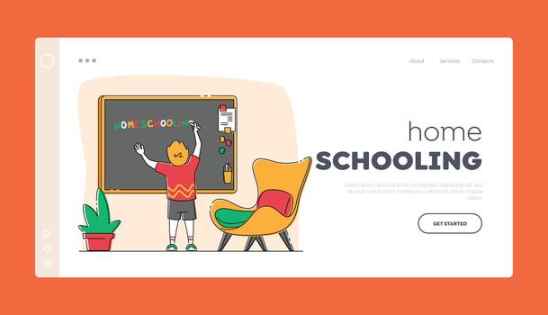 Education and Getting Knowledge at Home Landing Page Template. Schoolboy Character Write Word Homeschooling on Chalkboard in Classroom. Distant Learning, Domestic Studying. Linear Illustration vector