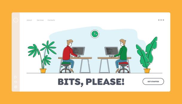 técnico solicitud software desarrollo trabajo aterrizaje página modelo. hombres programadores o codificadores caracteres trabajando a nuevo web sitio css html codificación y programación. lineal personas ilustración vector