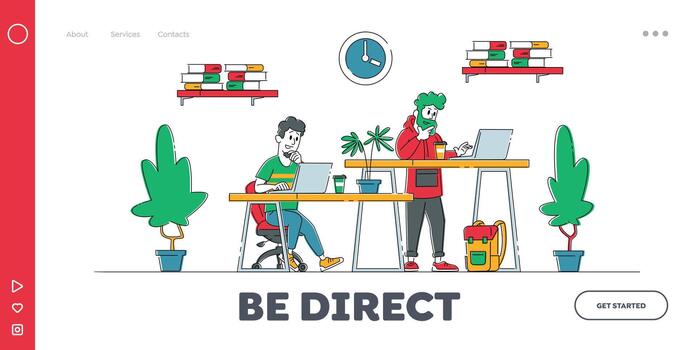 Wireframe Develop, Office Teamwork Landing Page Template. Creative Team Characters Make Site or Web Interface Project. Website Developers Meeting in Coworking Area. Linear People Illustration vector