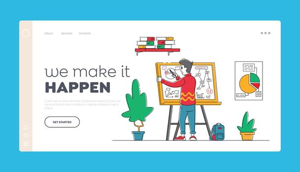 idea genial, idea desarrollo esquema aterrizaje página modelo. empresario personaje estar frente de blanco tablero dibujo negocio plan estrategia y táctica teoría en oficina. lineal ilustración vector