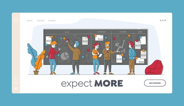 Agile Development Software Methodology Landing Page Template. People Characters Sticking Papers on Scrum Task Board Planning and Analyzing Working Process, Work Lifecycle. Linear Illustration vector