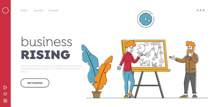 ágil desarrollo metodología aterrizaje página modelo. negocio personas caracteres desarrollando proyecto utilizando ágil tecnología y melé tablero. gente de negocios estratégico planificación. lineal ilustración vector