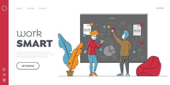 Agile Software Development and Kanban Technology Landing Page Template. Business People Characters Put Stick Notes and Painting Graphs on Scrum Board Create Task Strategy. Linear Illustration vector