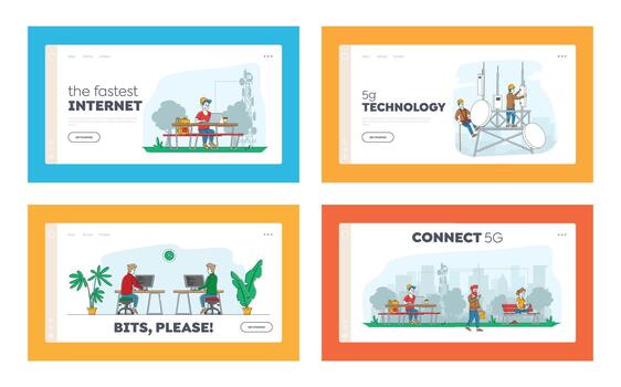 5g Network Wireless Technology Landing Page Template Set. People at Transmission Tower Install and Use High-speed Mobile Internet. Characters with Gadgets, Digital Devices. Linear Illustration vector
