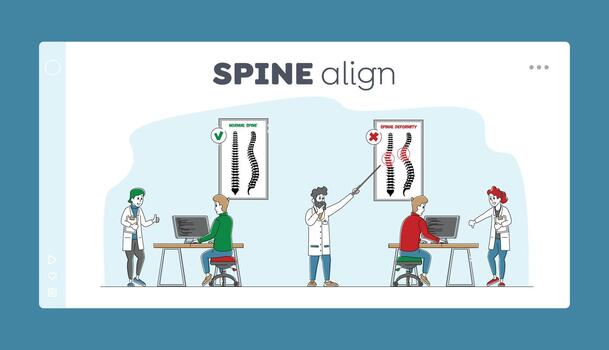 Spinal Deformity, Scoliosis and Spine Backbone Curvature Landing Page Template. People Characters at Desk in Correct and Wrong Posture with Healthy and Unhealthy Back Bones. Linear Illustration vector