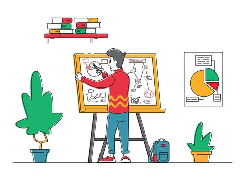 empresario personaje estar frente de blanco tablero dibujo negocio plan estrategia y táctica teoría o demostración proyecto diagrama en oficina. idea genial, idea desarrollo esquema. lineal ilustración vector