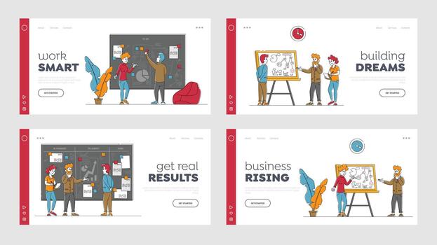 plan desarrollando en pared de trabajo creando estrategia de proyecto administración a tarea tablero. aterrizaje página modelo colocar. negocio personas caracteres trabajando con gráficos a melé tablero. lineal ilustración vector