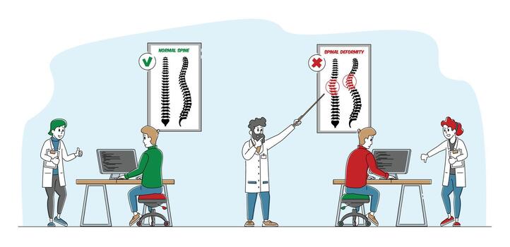 Spinal Deformity, Scoliosis and Spine Backbone Curvature Concept. People Characters Sitting at Desk at Correct and Wrong Posture with Healthy and Unhealthy Back Bones. Linear Illustration vector
