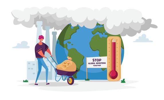 Man Character Pushing Wheelbarrow with Garbage Sack for Recycling Passing Huge Thermometer with High Temperature on Earth. Environment Nature Pollution, Global Warming. Cartoon Illustration vector