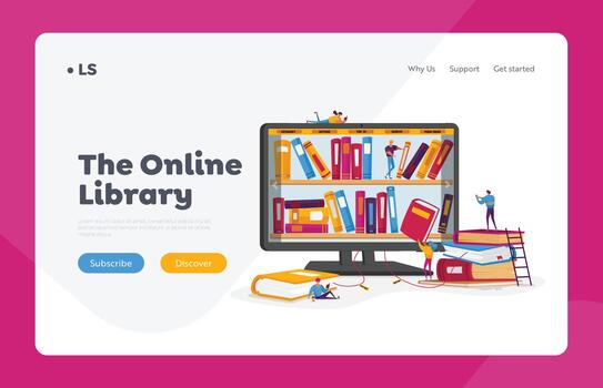 Online Library and Media Books Archive Landing Page Template. Tiny People Characters at Huge Computer Screen with Bookshelves Reading E-books and Study, Digital E-library. Cartoon Illustration vector