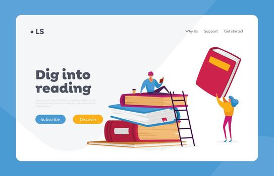 People Get Education, Gaining Knowledge, Reading Hobby Landing Page Template. Tiny Characters at Huge Books Learning Homework or Prepare to Exams in University or College. Cartoon Illustration vector