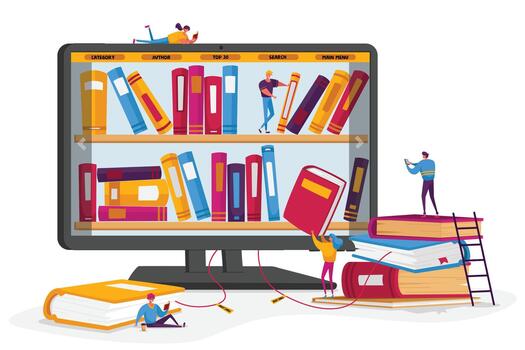 Online Library and Media Books Archive Concept. Tiny People Characters at Huge Computer Screen with Bookshelves Reading E-books and Study at School Using Digital E-library. Cartoon Illustration vector