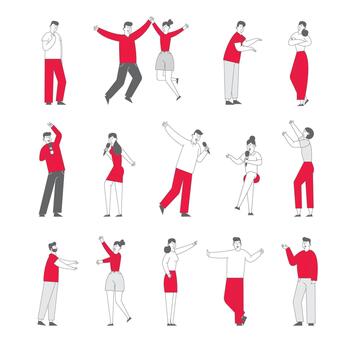 Set of Male and Female Characters in Different Postures Jumping and Rejoice with Hands Up, Singing with Microphone, Dancing and Have Fun Isolated on White Background. Linear People Illustration vector
