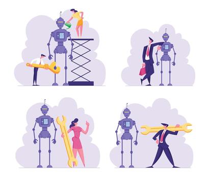 conjunto cyborg creando proceso. ingenieros o negocio personas caracteres conjunto arriba enorme robot. mujer con engrasador, hombre con llave inglesa. artificial inteligencia montaje tecnología. dibujos animados ilustración vector
