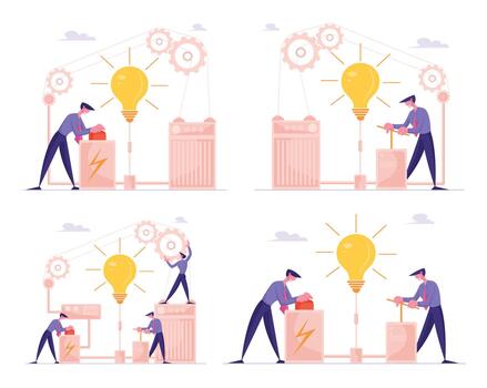 Businessmen Characters Launch Huge Light Bulb Push Lever Arm and Red Button in Mechanism with Gears. Business Project Startup, Financial Idea Realization, Solution. Cartoon People Illustration vector