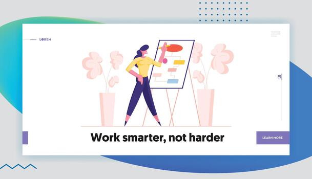 Create Brain Map, Work Efficiency Structure Landing Page Template. Female Character Drawing Business Decision Algorithm Chart on Whiteboard in Office, Analysing Workflow. Cartoon Illustration vector