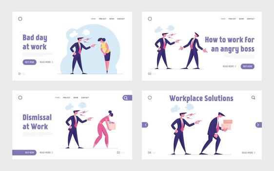 Angry Boss Scolding and Firing Employees Landing Page Template Set. Furious Character Yelling and Dismiss Workers in Office. Businesspeople with Belongings Leave Workplace. Cartoon Illustration vector