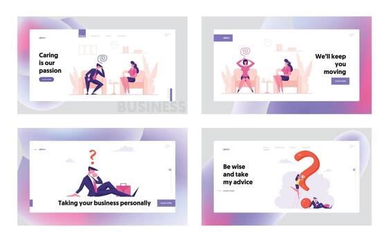 psicológico consulta, dudas y preguntas aterrizaje página modelo colocar. médico psicólogo hablando con paciente de mente problema. minúsculo caracteres a enorme pregunta marca. dibujos animados ilustración vector