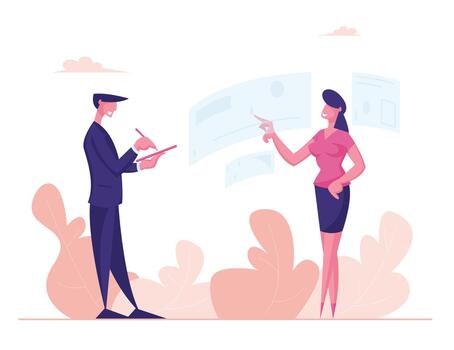 Virtual Augmented Reality Concept. Female Character Touching Interactive Interface for Working or Searching Data Man Writing. Futuristic Vr Technologies in Business. Cartoon People Illustration vector
