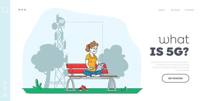 Social Media Networking Landing Page Template. Woman Character Sitting on Bench with Tablet Communicating Online and Watching HD Tv Programs Use High-speed 5G Internet. Linear Illustration vector