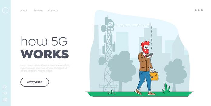 Communication Services for Gadgets, Smart Technologies Landing Page Template. Man Character with Mobile Phone Using 5G Internet for Chatting Texting in Social Networks. Linear Illustration vector