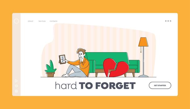 Divorce or Separation Landing Page Template. Depressed Heartbroken Man Character Sitting on Floor with Pieces of Red Broken Heart and Crying. End of Love, Loving Relations. Linear Illustration vector