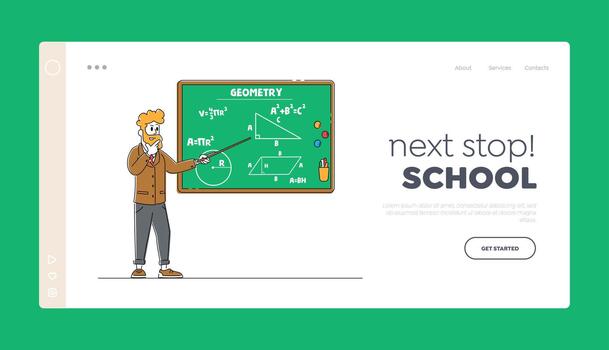 School or College Education, Class, Knowledge Landing Page Template. Teacher Character with Pointer Explain Geometry Lesson at Blackboard with Formulas Written with Chalk. Linear Illustration vector