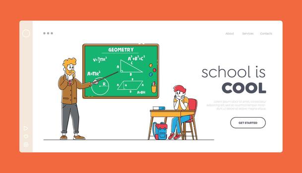 Education, Back to School Landing Page Template. Boring Schoolboy Character Sitting at Desk with Textbook front of Blackboard with Teacher Explaining Geometry Lesson. Linear People Illustration vector