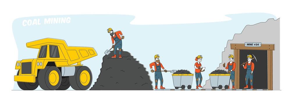 Coal Mining. Miner Characters Working on Quarry with Tools, Transport and Technique. Extraction Industry Technics, Work Equipment and Transportation for Quarry. Linear People Illustration vector