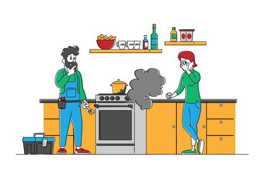 Repair Home Technics Service. Man Electrician Character in Uniform Holding Wrench for Fixing Broken Oven to Customer. Husband for Hour, Call Master with Instruments. Linear People Illustration vector