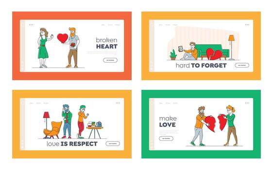 Lovers in End of Loving Relations Landing Page Template Set. Couple Characters with Broken Heart Blaming Each Other, Feel Great Sorrow. Disagreement and Parting. Linear People Illustration vector