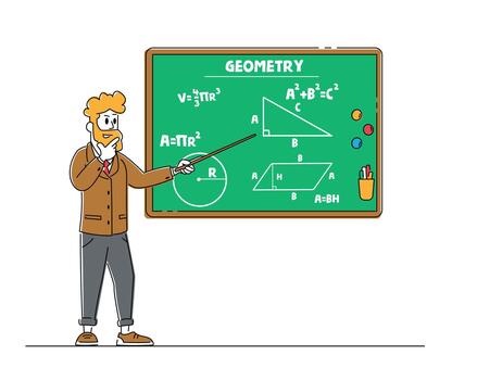 Male Teacher Character with Pointer Explain Geometry Lesson Stand at Blackboard with Formulas and Tasks Written with Chalk. School or College Education, Class, Knowledge. Linear Illustration vector