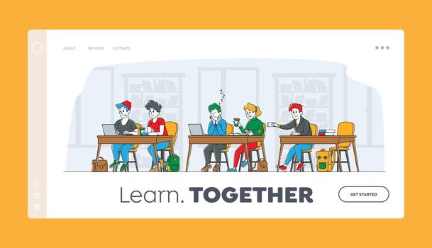 Higher Education Landing Page Template. Students Sitting at Desks Visiting Lecture in University. Characters Learning, Communicate, Sleep on Seminar, People Gain Knowledge. Linear Illustration vector