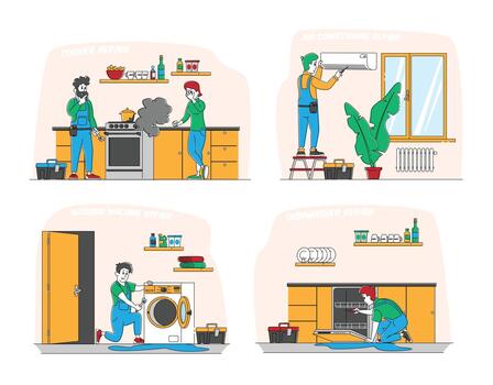 Repair Service Set. Husband for an Hour Male Characters in Uniform Working with Instruments Fixing Broken Technics at Home. Electrician, Plumber Call Master at Work. Linear People Illustration vector