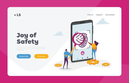 Person Identification, Id Access and Security System Landing Page Template. Characters Looking on Finger Print through Huge Magnifying Glass on Smartphone Screen. Cartoon People Illustration vector