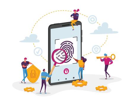 Cyber Security, Futuristic Technologies Concept. Fingerprint Scanning Smartphone Access Lock. Tiny Characters around Huge Mobile Phone with Finger Scan Biometric Id. Cartoon People Illustration vector