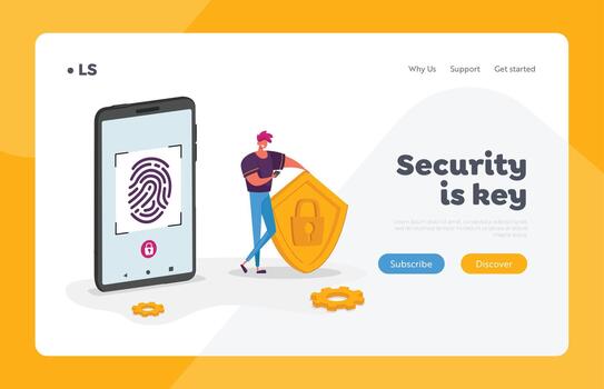 ciber seguridad aterrizaje página modelo. hombre personaje estar a enorme móvil teléfono participación proteger con cerrar con llave, toque pantalla para dedo escanear. biométrico carné de identidad huella dactilar exploración. dibujos animados ilustración vector