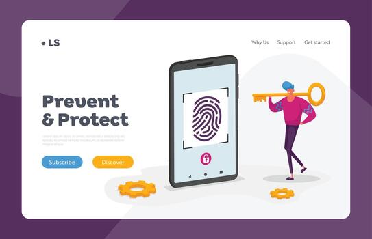Identification of Person Landing Page Template. Finger Print Scan, Authorization in Security System. Fingerprint Scanning at Smartphone Screen. Man Character Hold Huge Key. Cartoon Illustration vector
