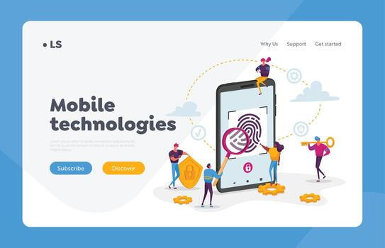 ciber seguridad, futurista tecnologías aterrizaje página modelo. huella dactilar exploración teléfono inteligente acceso cerrar con llave. minúsculo caracteres a enorme móvil teléfono con dedo escanear. dibujos animados personas ilustración vector