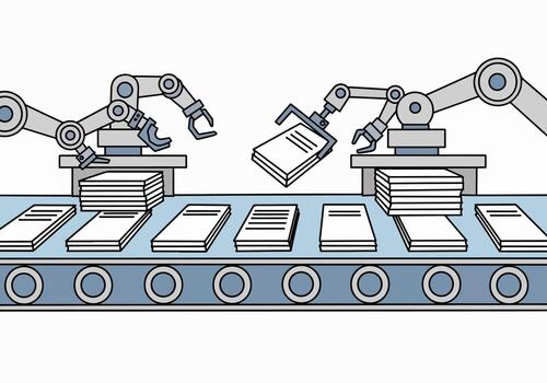 Robotic Arms Assembling Paper Stacks on a Conveyor Belt vector