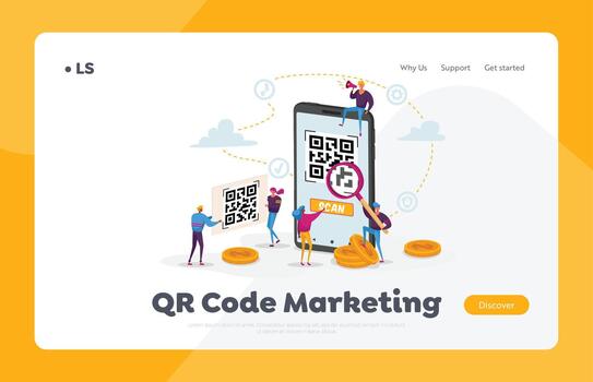 Internet Smart Technologies, Purchase Quality Control Landing Page Template. Tiny Characters at Huge Smartphone Looking at Qr Code on Screen in Magnifying Glass. Cartoon People Illustration vector