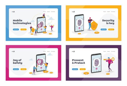 Cyber Security, Futuristic Technology Landing Page Template Set. Fingerprint Scanning Smartphone Access Lock. Tiny Characters at Huge Mobile Phone with Finger Scan. Cartoon People Illustration vector