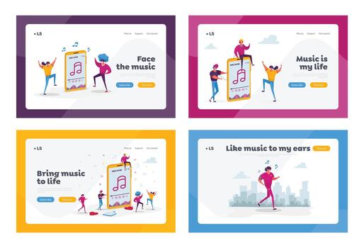 People Listen Sound Composition on Music Player or Mobile Phone Application Landing Page Template Set. Tiny Characters Wearing Headphones Enjoying Dancing and Relaxing. Cartoon Illustration vector