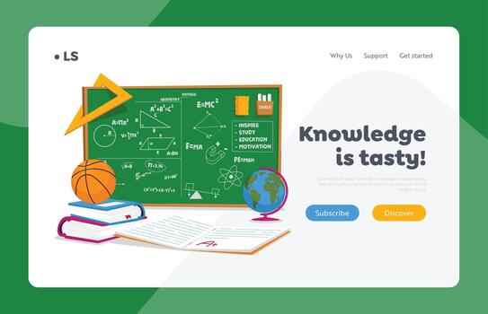 Education and School Lesson Landing Page Template. Textbooks, Notebook with Excellent Mark, Basketball Ball, Globe and Ruler round of Chalkboard with Written Formulas. Cartoon Illustration vector