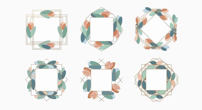 Set of Elegant Geometric Frames with Botanical Elements vector