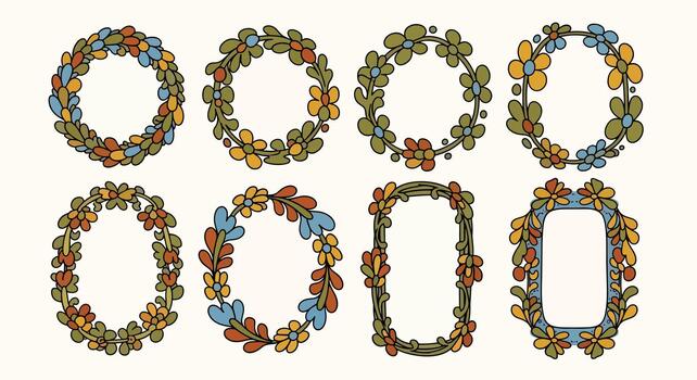 floral coronas y marcos con retro estilo y terroso tonos vector