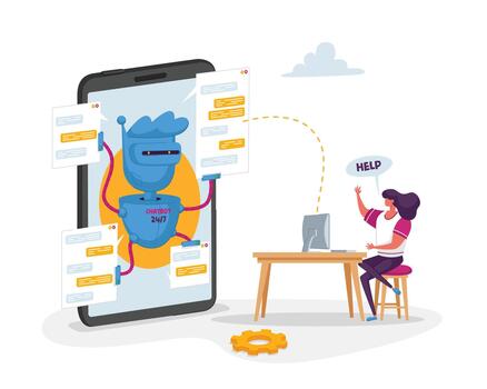 Chatbot Robot on Huge Cellphone Ready to Help Customer Character with Laptop. Ai Faq Support, Online Consultation. Future Innovation, Artificial Intelligence Technology. Cartoon Illustration vector