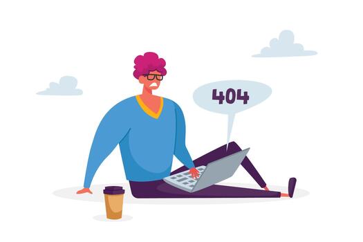 Sad Character with 404 Error on Laptop Need Professional Technical Help. Client Chatting with Ai Robot Chatbot. Faq Customer Support, Online Answer, Chat Bot Consultation. Cartoon Illustration vector