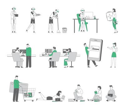 Set of Male Female Characters Airplane Dispatchers Working, Robots and Cyborg Service, People Using Gadgets and Doing Shopping. Students Studying with Books and Computers. Linear Illustration vector